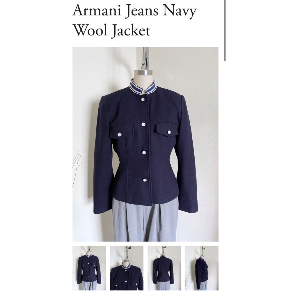 ~ Vintage RARE Armani Jeans Med Wool Military Jacket HTF Women's Button Up Lined - Picture 4 of 14